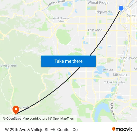 W 29th Ave & Vallejo St to Conifer, Co map