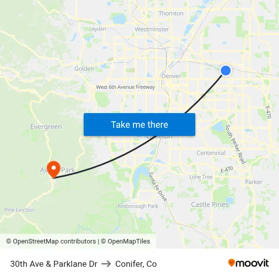 30th Ave & Parklane Dr to Conifer, Co map