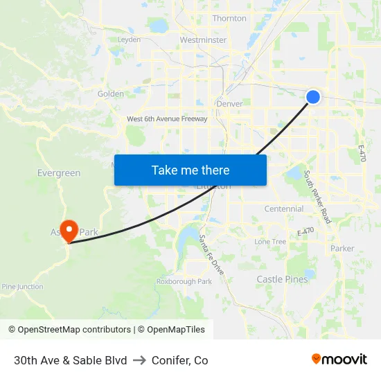 30th Ave & Sable Blvd to Conifer, Co map