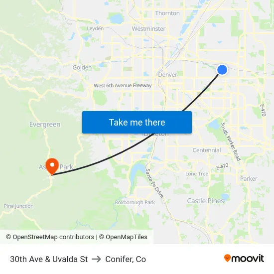 30th Ave & Uvalda St to Conifer, Co map