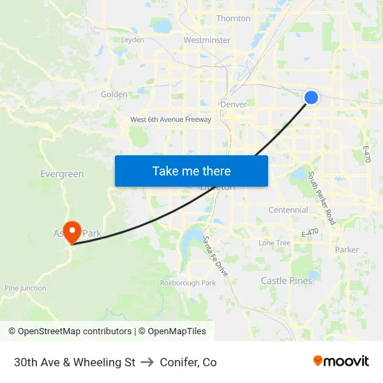 30th Ave & Wheeling St to Conifer, Co map