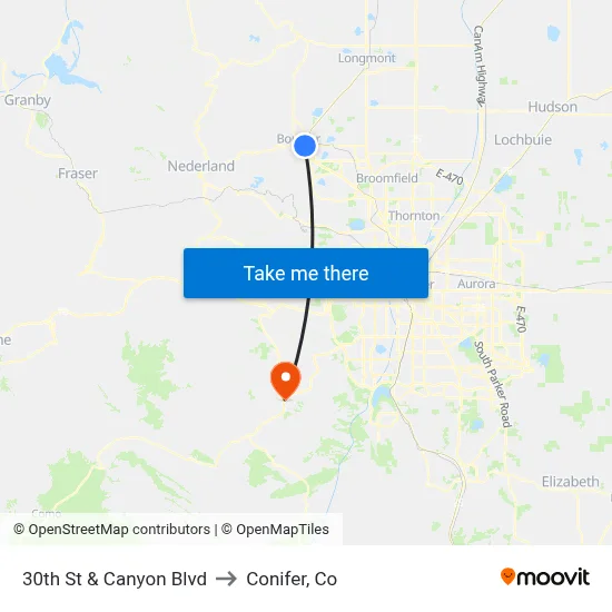 30th St & Canyon Blvd to Conifer, Co map