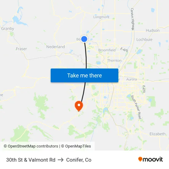 30th St & Valmont Rd to Conifer, Co map
