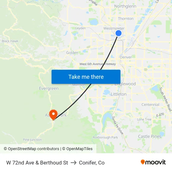 W 72nd Ave & Berthoud St to Conifer, Co map