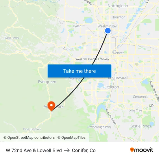 W 72nd Ave & Lowell Blvd to Conifer, Co map