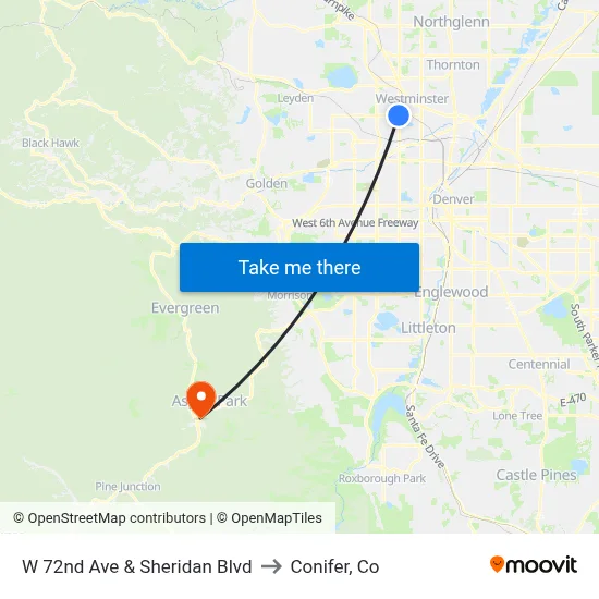 W 72nd Ave & Sheridan Blvd to Conifer, Co map