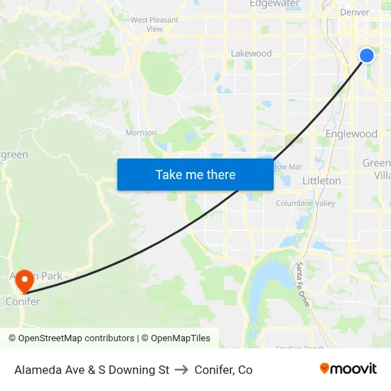 Alameda Ave & S Downing St to Conifer, Co map