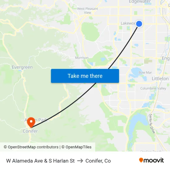 W Alameda Ave & S Harlan St to Conifer, Co map