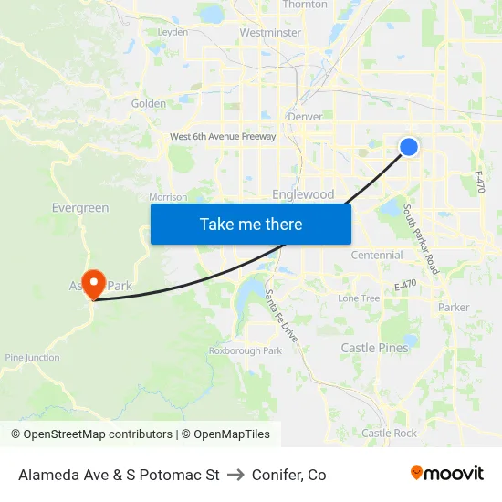 Alameda Ave & S Potomac St to Conifer, Co map
