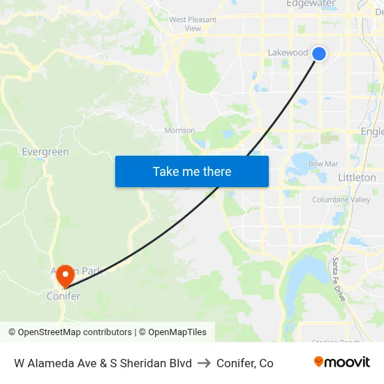 W Alameda Ave & S Sheridan Blvd to Conifer, Co map