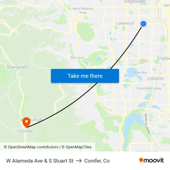 W Alameda Ave & S Stuart St to Conifer, Co map