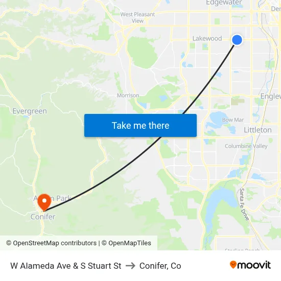 W Alameda Ave & S Stuart St to Conifer, Co map