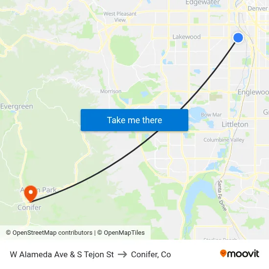 W Alameda Ave & S Tejon St to Conifer, Co map
