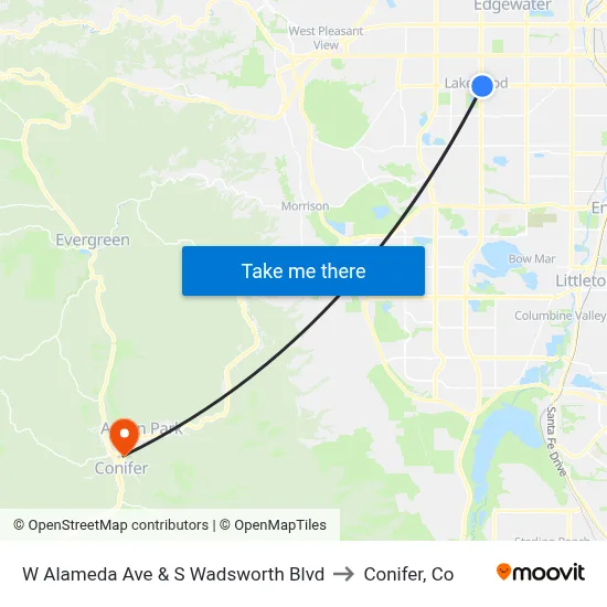 W Alameda Ave & S Wadsworth Blvd to Conifer, Co map