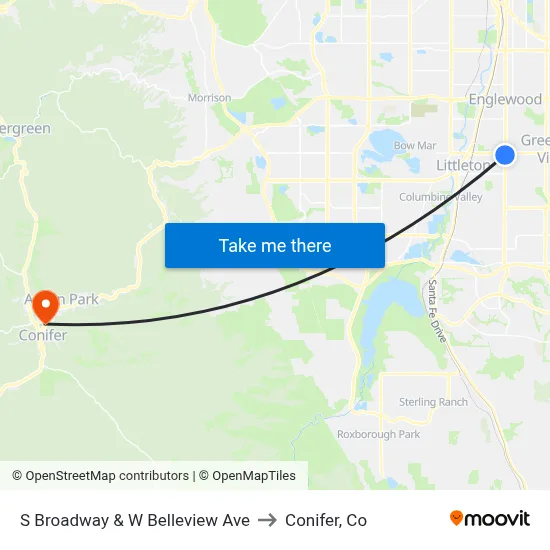 S Broadway & W Belleview Ave to Conifer, Co map