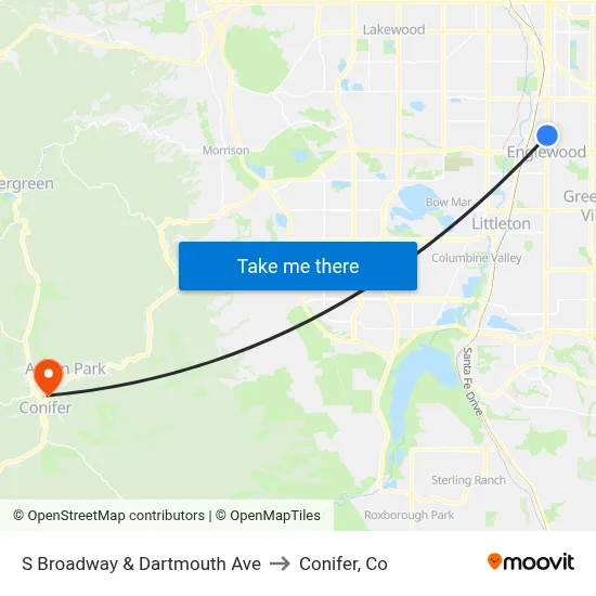 S Broadway & Dartmouth Ave to Conifer, Co map