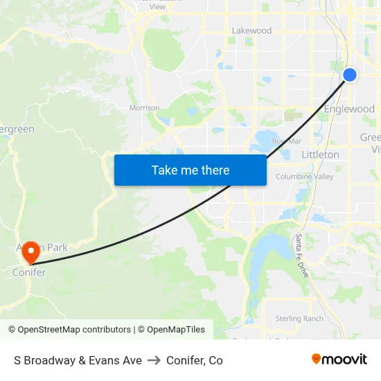 S Broadway & Evans Ave to Conifer, Co map