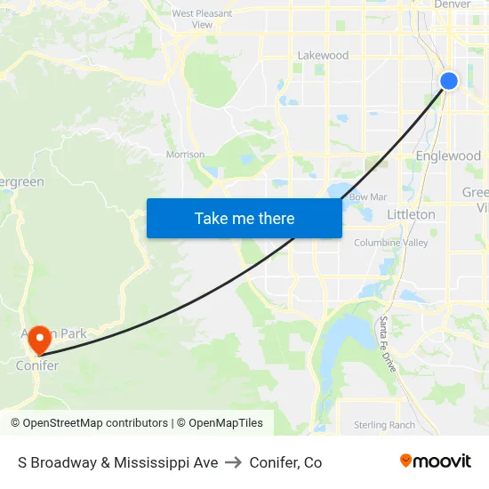 S Broadway & Mississippi Ave to Conifer, Co map
