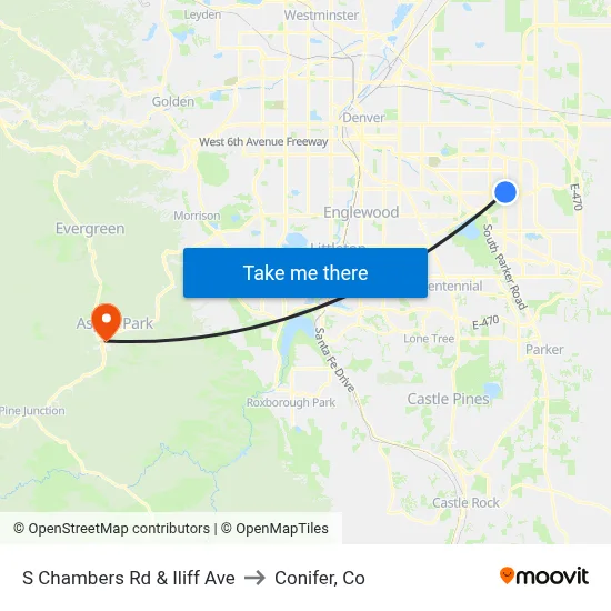 S Chambers Rd & Iliff Ave to Conifer, Co map
