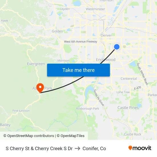 S Cherry St & Cherry Creek S Dr to Conifer, Co map
