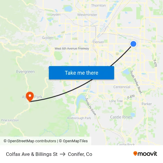 Colfax Ave & Billings St to Conifer, Co map