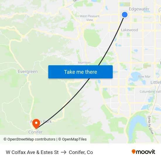 W Colfax Ave & Estes St to Conifer, Co map