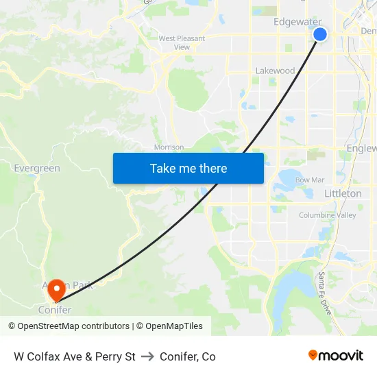 W Colfax Ave & Perry St to Conifer, Co map