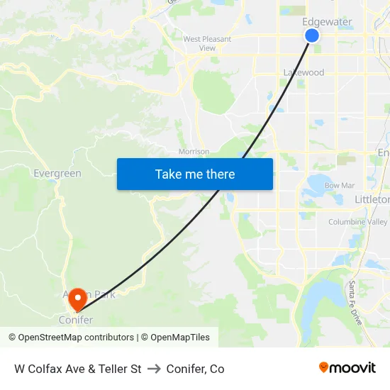 W Colfax Ave & Teller St to Conifer, Co map