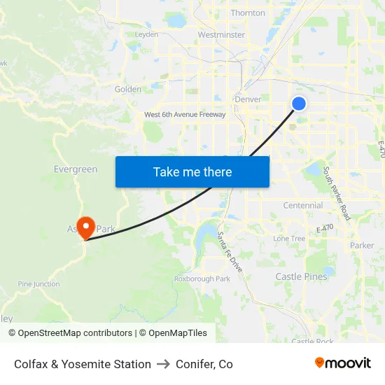Colfax & Yosemite Station to Conifer, Co map