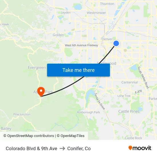Colorado Blvd & 9th Ave to Conifer, Co map