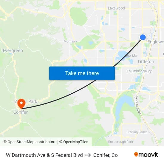 W Dartmouth Ave & S Federal Blvd to Conifer, Co map