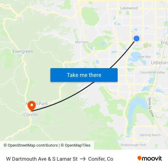 W Dartmouth Ave & S Lamar St to Conifer, Co map