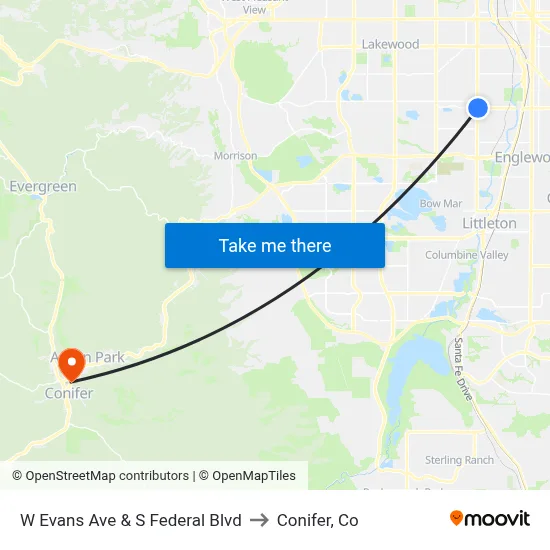 W Evans Ave & S Federal Blvd to Conifer, Co map