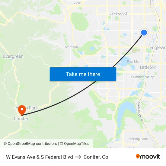 W Evans Ave & S Federal Blvd to Conifer, Co map