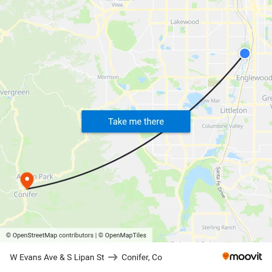 W Evans Ave & S Lipan St to Conifer, Co map