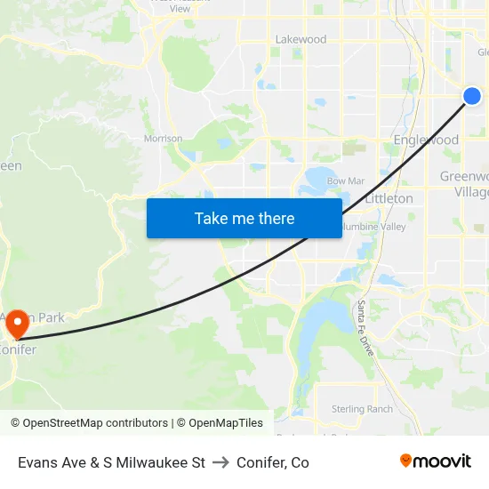 Evans Ave & S Milwaukee St to Conifer, Co map