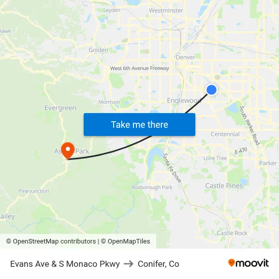 Evans Ave & S Monaco Pkwy to Conifer, Co map