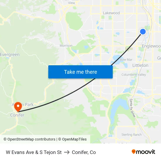 W Evans Ave & S Tejon St to Conifer, Co map