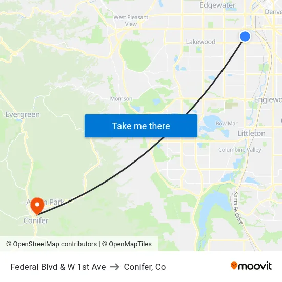 Federal Blvd & W 1st Ave to Conifer, Co map
