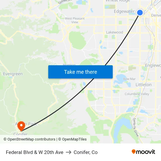 Federal Blvd & W 20th Ave to Conifer, Co map