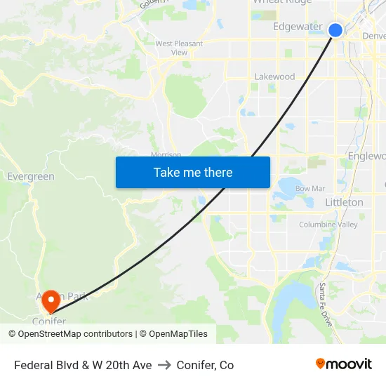 Federal Blvd & W 20th Ave to Conifer, Co map