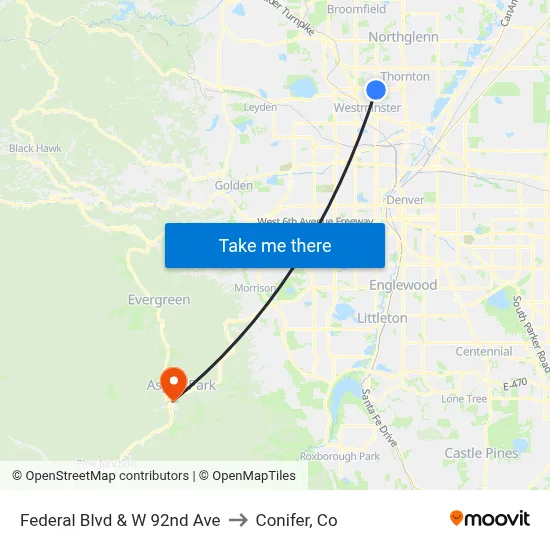 Federal Blvd & W 92nd Ave to Conifer, Co map