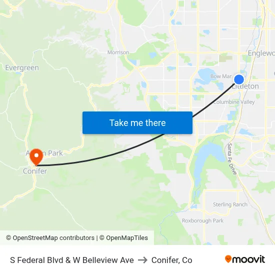 S Federal Blvd & W Belleview Ave to Conifer, Co map