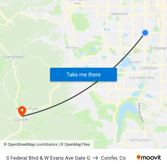 S Federal Blvd & W Evans Ave Gate G to Conifer, Co map