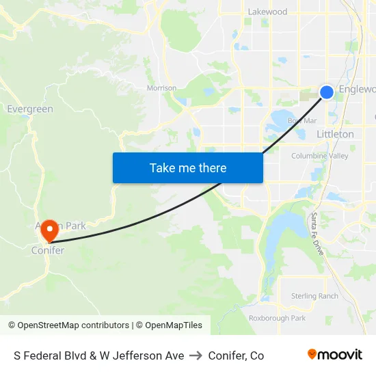 S Federal Blvd & W Jefferson Ave to Conifer, Co map