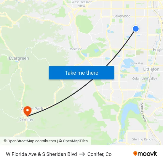 W Florida Ave & S Sheridan Blvd to Conifer, Co map