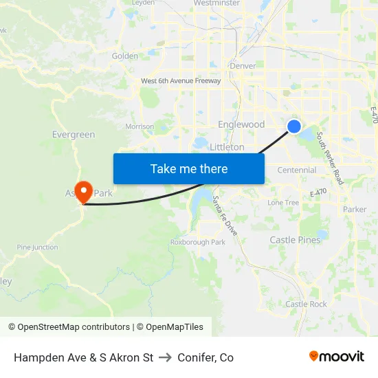 Hampden Ave & S Akron St to Conifer, Co map