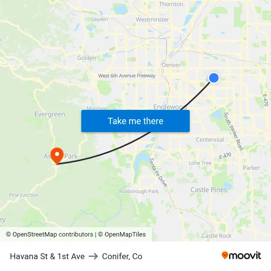 Havana St & 1st Ave to Conifer, Co map