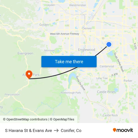 S Havana St & Evans Ave to Conifer, Co map