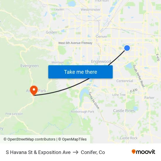 S Havana St & Exposition Ave to Conifer, Co map